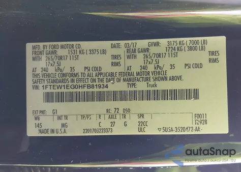 2017 Ford F-150 Xlt z USA, uszkodzony, nr VIN 1FTEW1EG0HFB81934